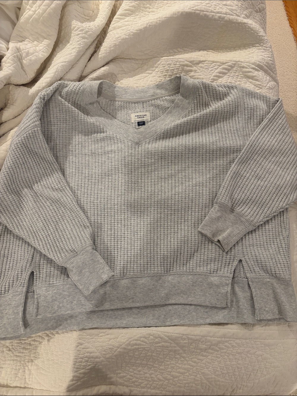 Light Gray V-Neck Waffle Knit Oversized Sweater